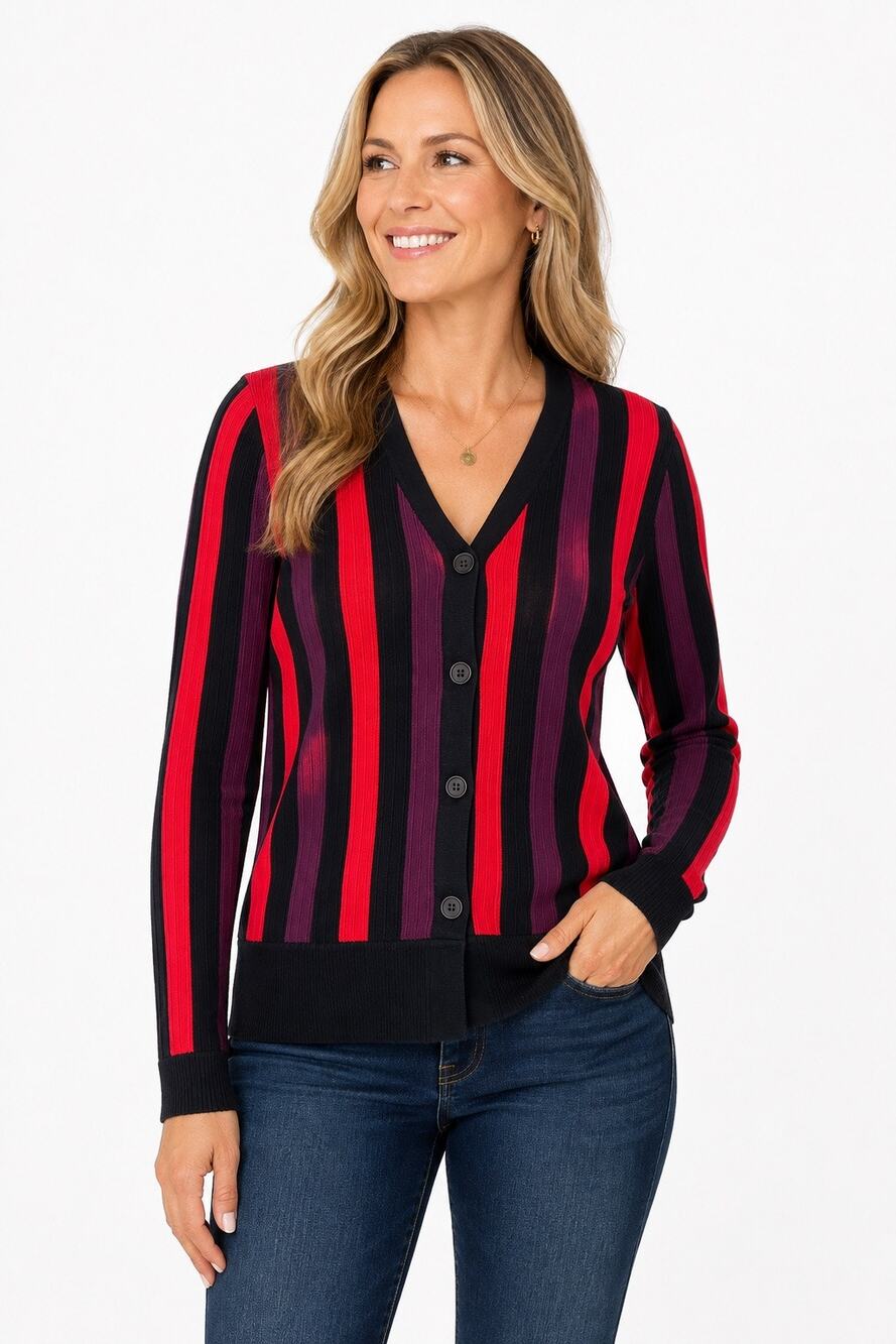 CAbi Fall 2015 Royal Striped Cardigan Style 3538 XL Red Purple Black